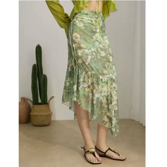 NWOT Y2K Asymmetrical Floral Midi Skirt Sz.M Green Mesh 90s Fairy Grunge Boho - Picture 3 of 11